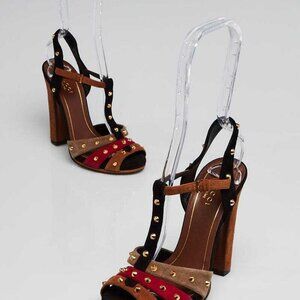 Gucci Multicolor Suede Leather Studded Jacquelyne T-Strap Sandals Size 4.5/35